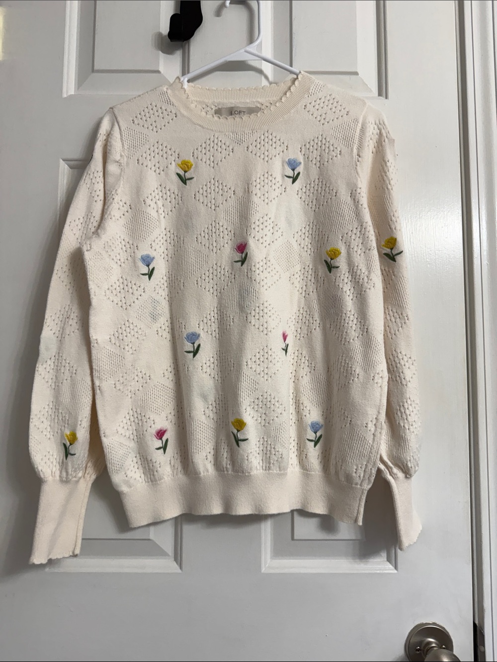 LOFT Cream Crewneck Sweater with Embroidered Floral Detail